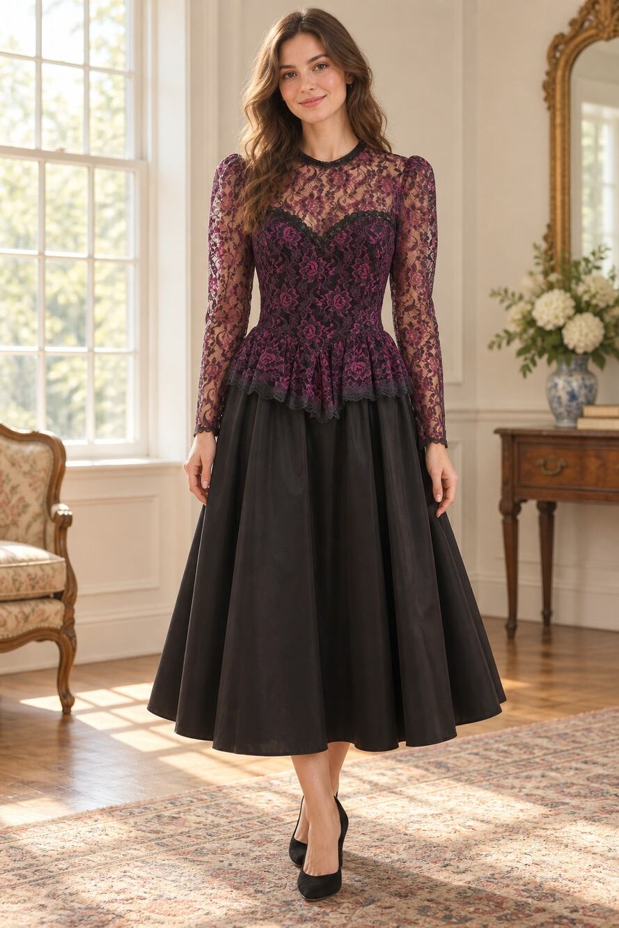 Vintage 1980s Gunne Sax Black Purple Lace Dress 7 (modern XS/S)